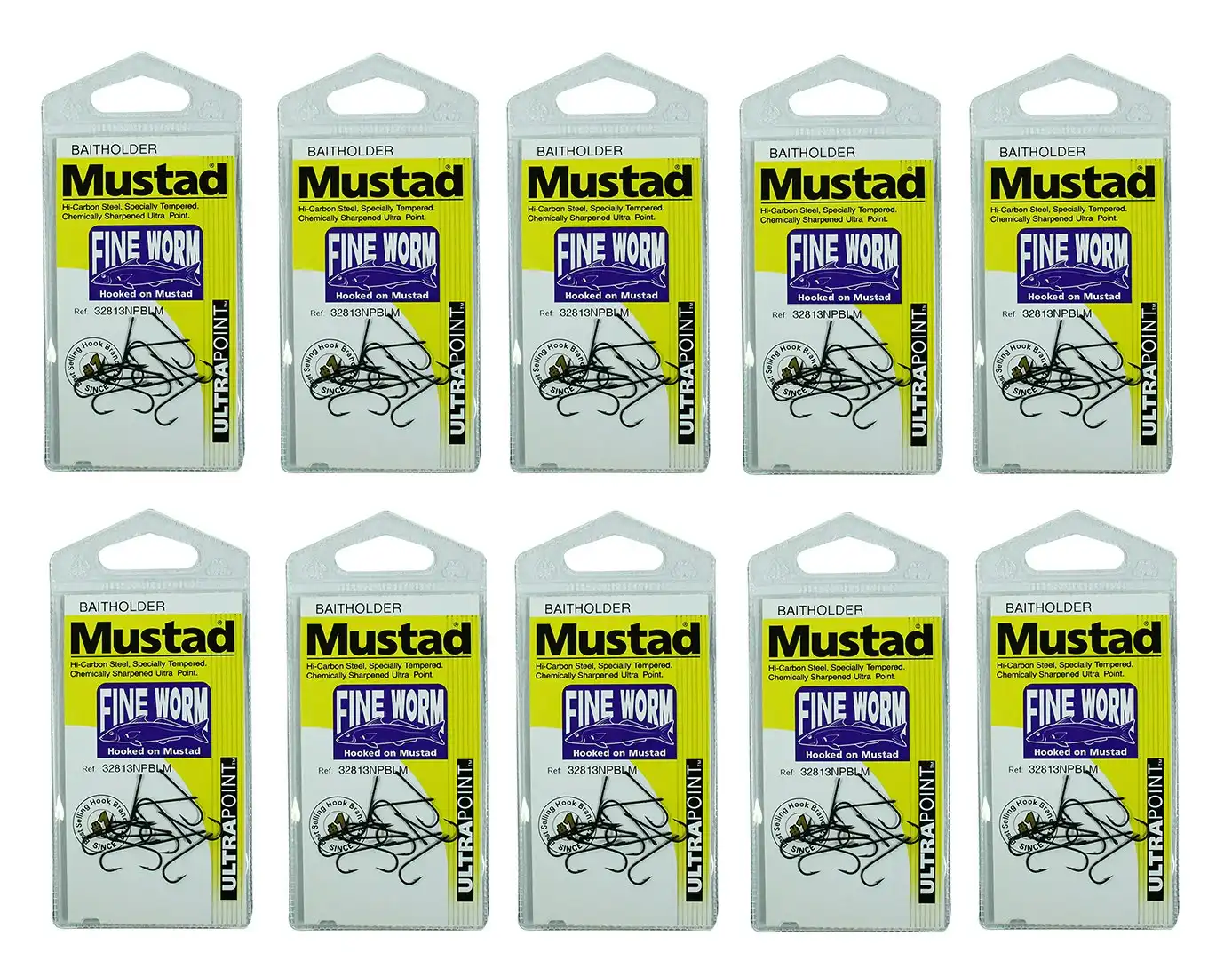 10 Packs of Mustad 32813NPBLM Fine Worm Chemically Sharp Fishing Hooks