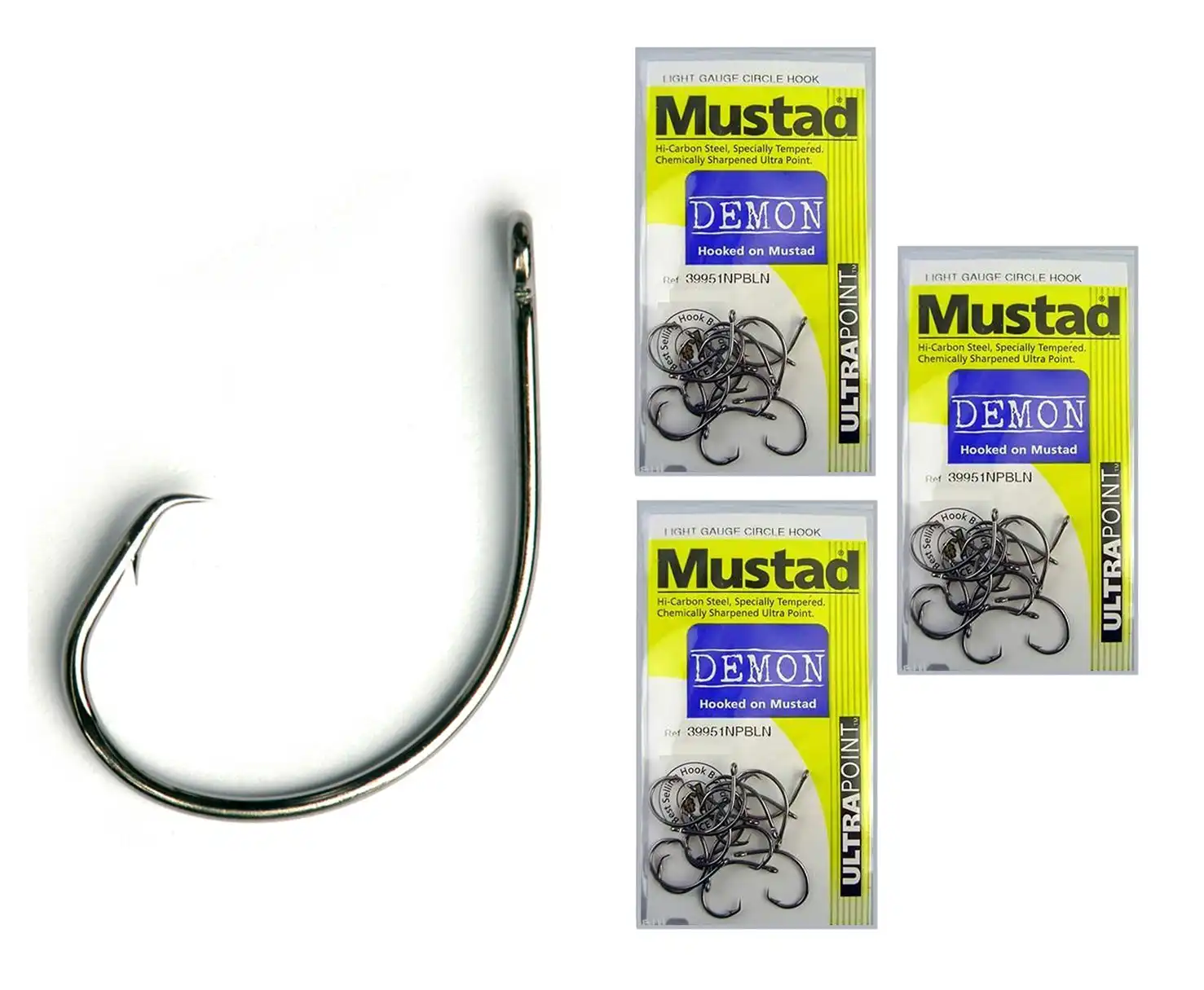 3 Packs of Mustad 39951NPBLN Demon Circle Light Chemically Sharp Fishing Hooks