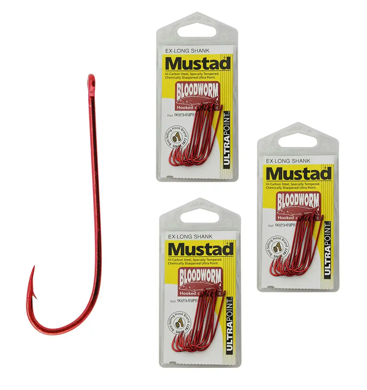 3 Packs of Mustad 90234NPNR Bloodworm Chemically Sharp Fishing Hooks