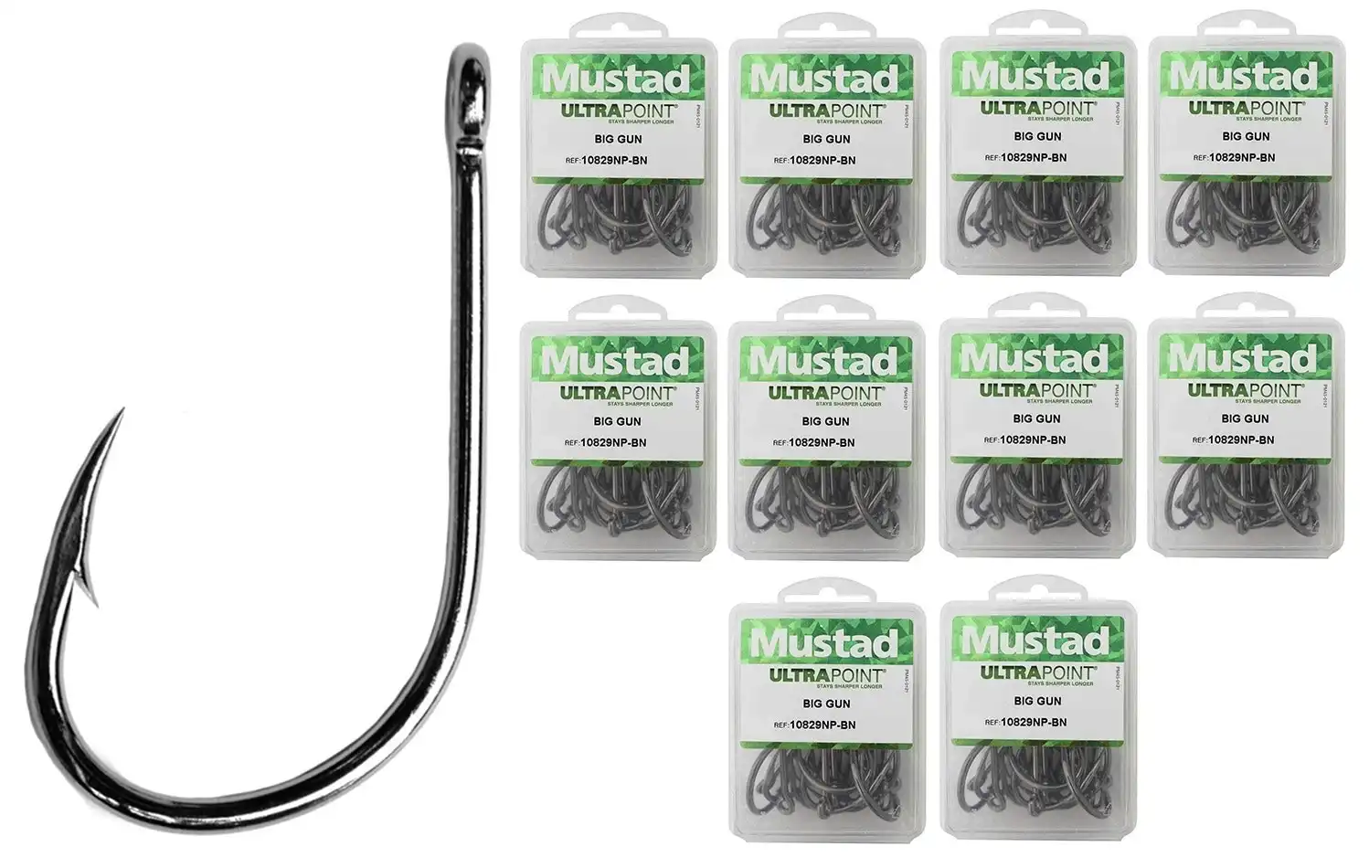 10 Boxes of Mustad 10829NPBLN Big Gun Kirbed Chemically Sharpened Fishing Hooks