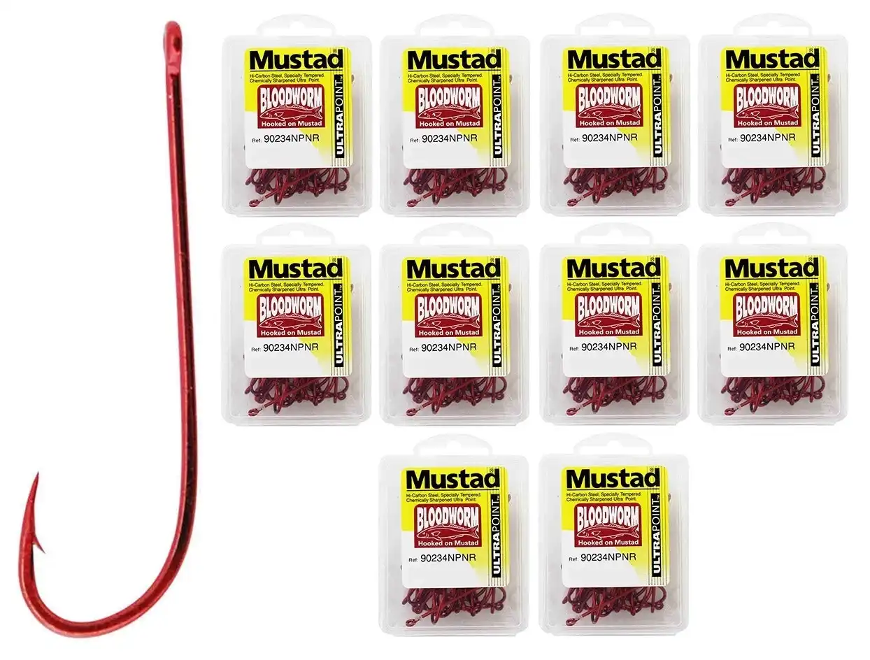 10 Boxes of Mustad 90234NPNR Bloodworm Chemically Sharpened Fishing Hooks