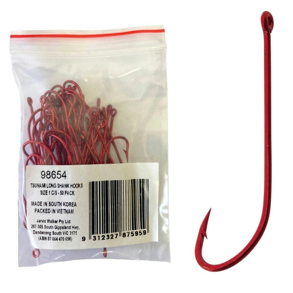 50 Pack of Tsunami Size 1 Red Long Shank Hooks - Chemically Sharpened Worm Hooks