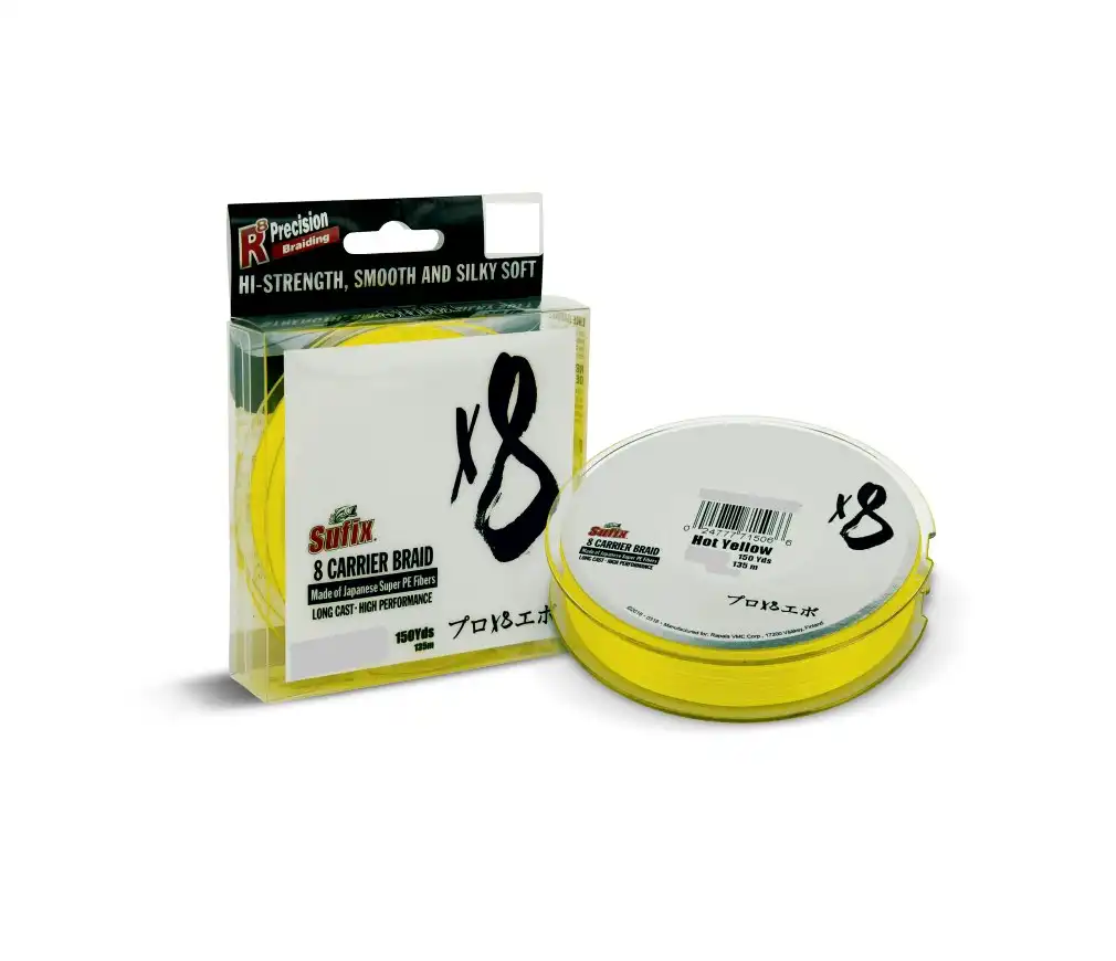 150yd Spool of 30lb Sufix X8 Braided Fishing Line - Hot Yellow 8 Strand Braid