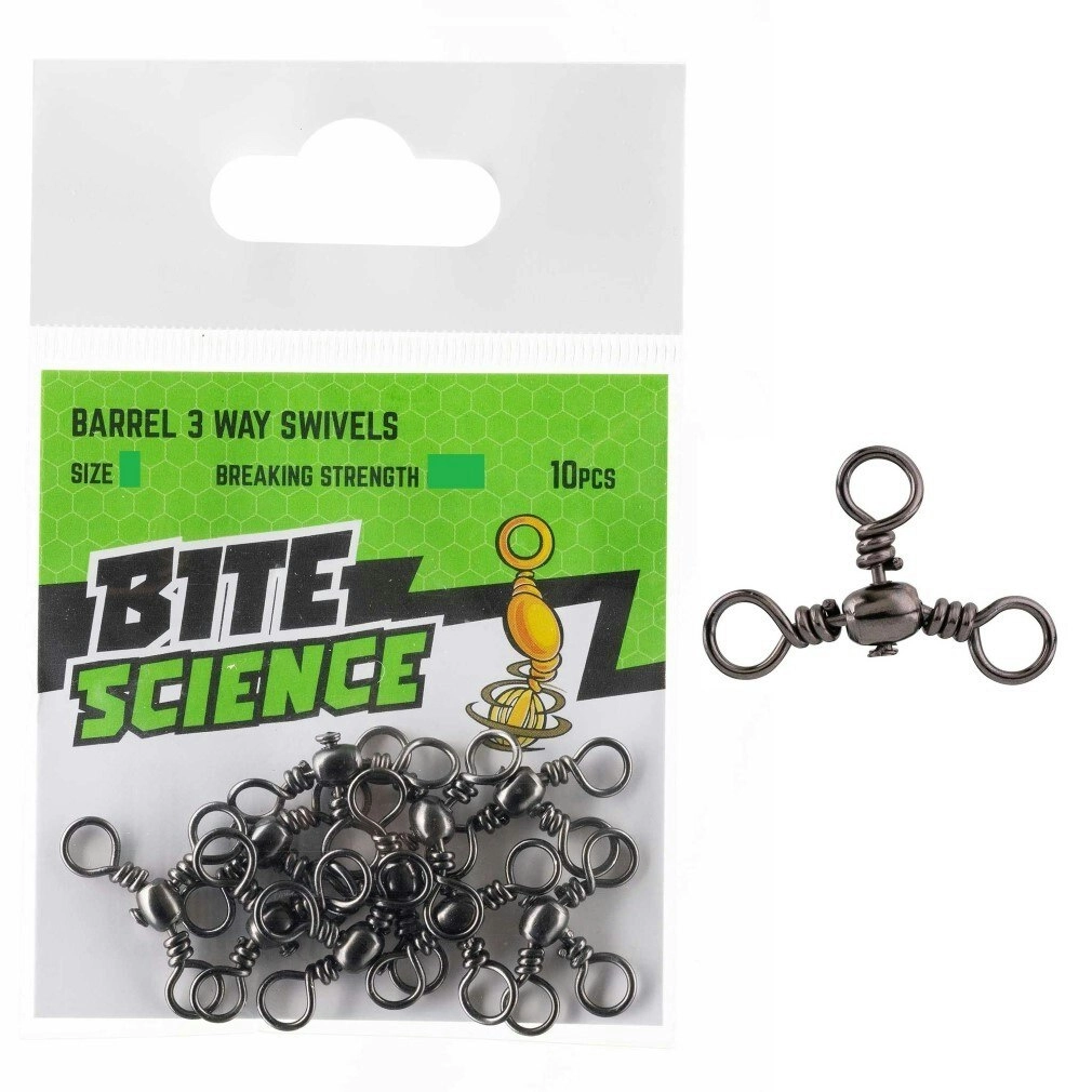 10 Pack of Bite Science Black Barrel 3-Way Crossline Fishing Swivels