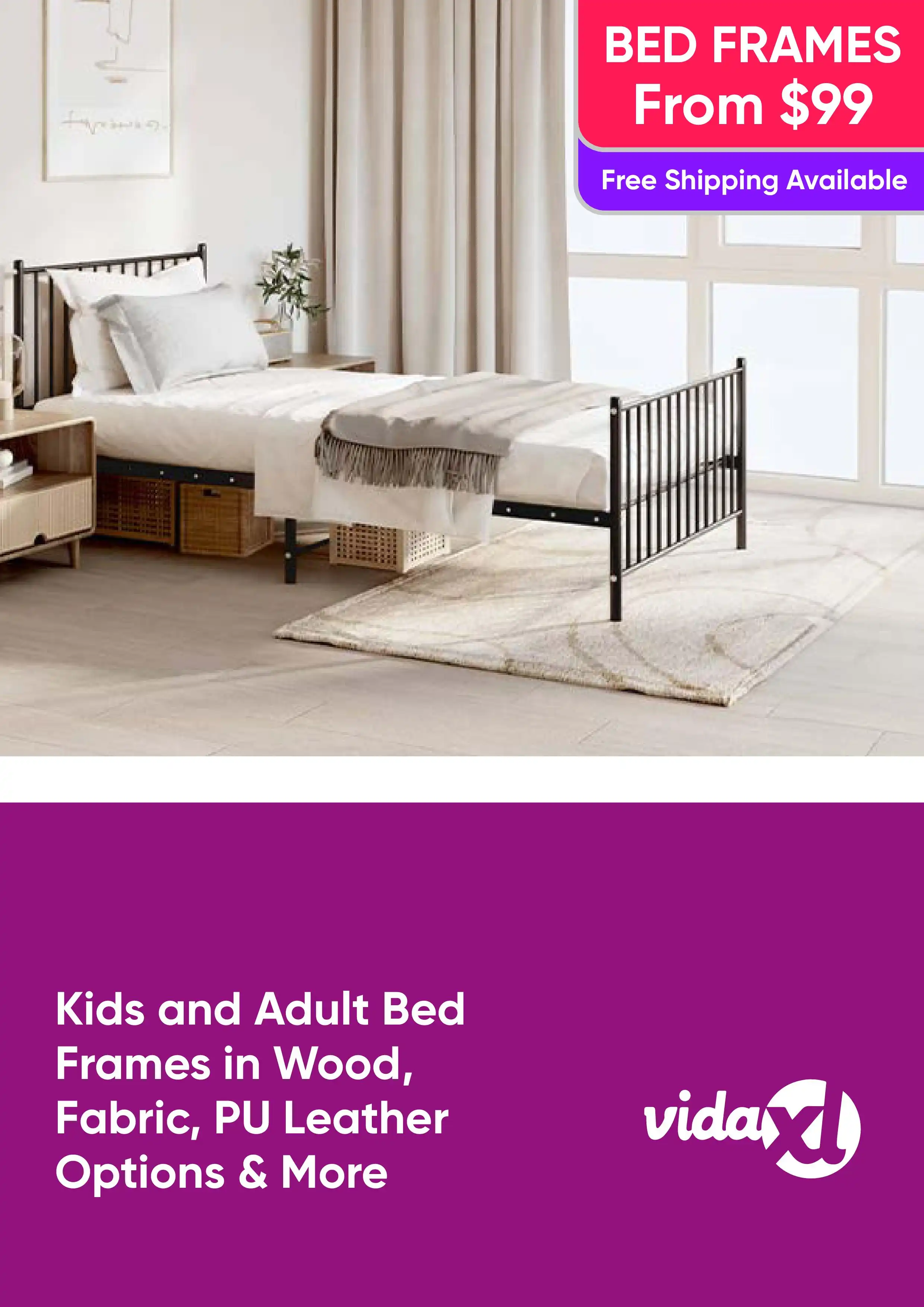 Kids and Adult Bed Frames in Wood, Fabric, PU Leather Options and More